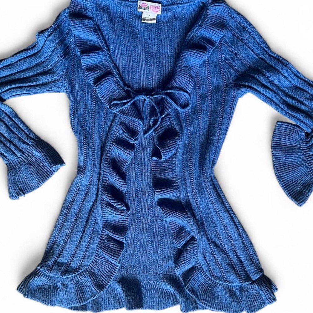 Y2K 90’s Vintage Dusty Blue Ribbed Ruffle Cardigan W/ Optional Tie-Front. - Picture 4 of 10